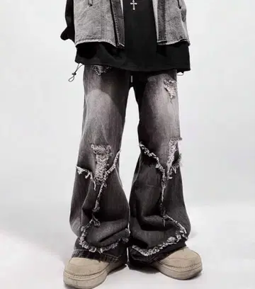 데미지 가공 그레이 와이드 레그 데님 팬츠