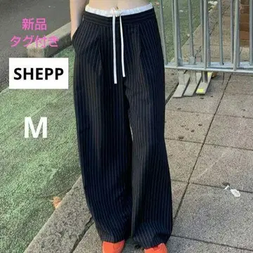SHEPP 레이어드 더블 허리 이지 슬랙스 스트라이프 네이비