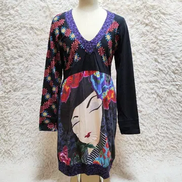 Desigual 긴팔 무릎 기장 원피스 벌룬 올 패턴 아트 꽃무늬 일본풍