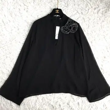 택 포함 미사용품 ZARA 자라 꽃 모티브 쉬폰 블라우스 블랙 L
