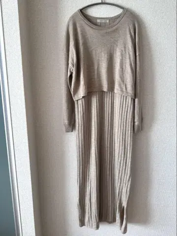 [중고] 카프리슈 레마쥬 니트 레이어드 원피스 베이지 리브