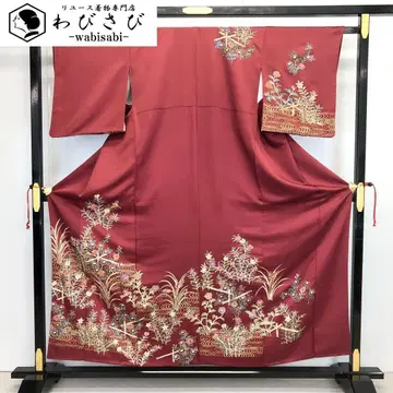 츠케사게 꽃과 풀 무늬 국화 초롱꽃 금채 자수 새우색 K-3656