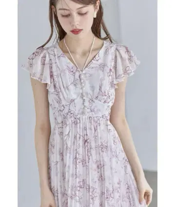 toccocloset 펄 장식 넥 리본 수채화 라인 플라워 플리츠 원피스