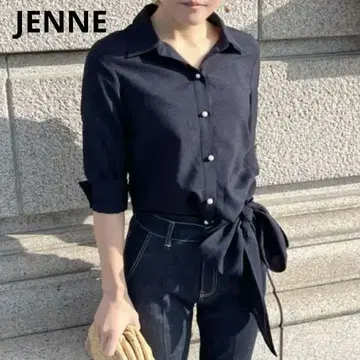 JENNE 리본 포함 셔츠 펄 버튼 네이비