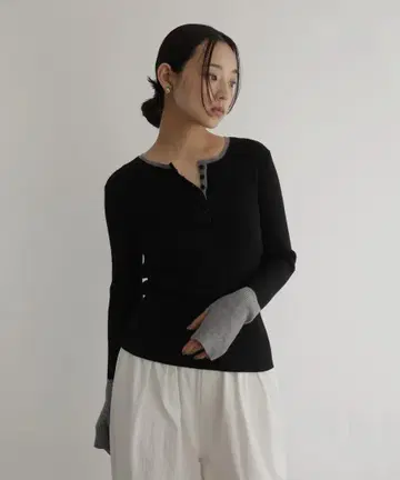 배색 키넥 리브 니트 헨리넥 배색 리브 니트탑 hellam