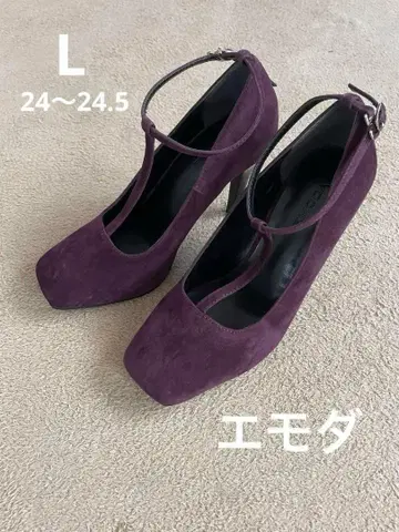에모다 하이힐 보라색 스웨이드 T스트랩 핑힐 펌프스