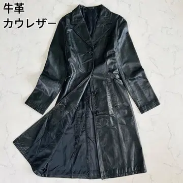 소가죽 카우 레더 트렌치코트 롱 코트 싱글 Y2K 블랙 M