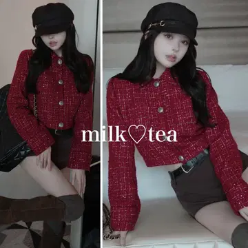 택 포함 새상품 다리치 트위드 체크 숏 자켓 보르도