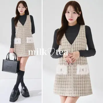 택 포함 새상품 다리치 프론트 지퍼 트위드 미니 원피스 베이지