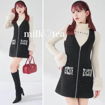 택 포함 새상품 다리치 프론트 지퍼 트위드 미니 원피스 블랙