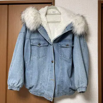데님 블루 인조 모피 부착 자켓