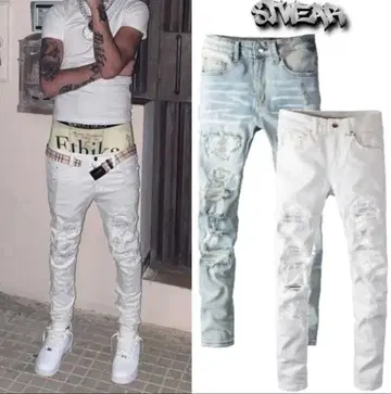 (stwear)SKYER 화이트 데미지 데님 슬림핏