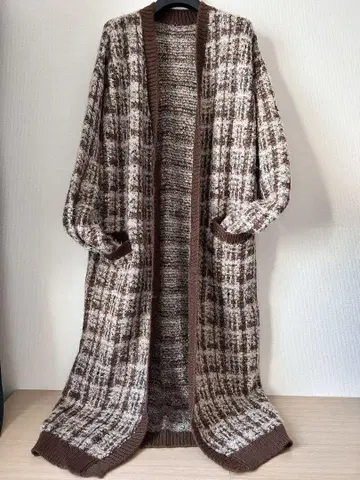 라운지 드레스 니트 롱 가디건 체크 무늬