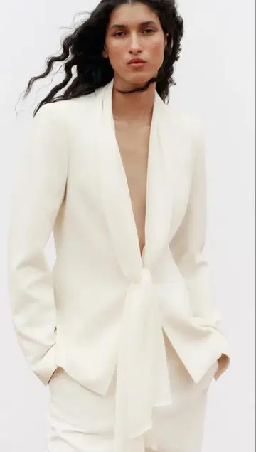 스카프 라펠 블레이저 재킷 화이트