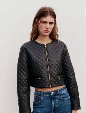 ZARA 숏 퀼팅 페이크 레더 자켓 L
