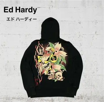 Ed Hardy 에드하디 자수 로고 스컬 집업 후드티 블랙 M