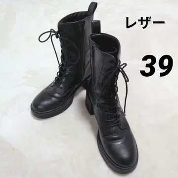 통굽 가죽 부츠 블랙 레이스업 39 사이드 지퍼 미들