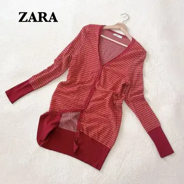 자라 ZARA 긴팔 가디건 S 기하학 패턴 니트 롱 가디건 레드