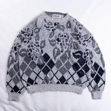 빈티지 구제 의류 80s 모노톤 기하학 아트 크레이지 패턴 총 패턴 니트