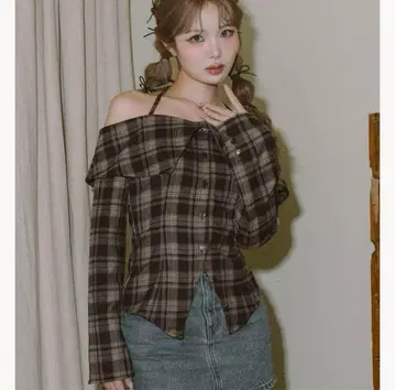 다리치 홀터 오프숄더 체크 셔츠