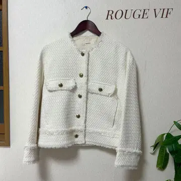 새상품급 ROUGE VIF 노카라 트위드 자켓 골드 버튼
