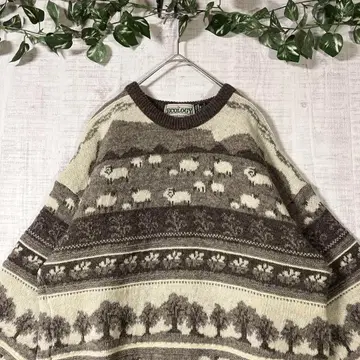 뉴질랜드제 고급 울 니트 스웨터 브라운 양 와이드 암 리브 M