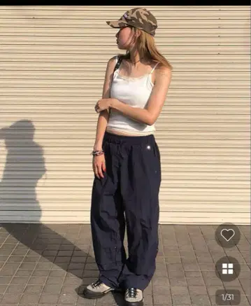 nugu 리벳 밴딩 팬츠 네이비 나일론 팬츠