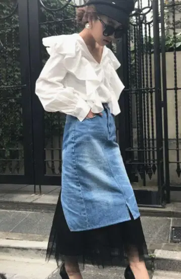 튤 레이어드 데님 스커트