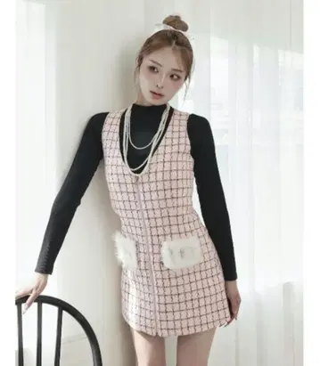 Darich  프론트 지퍼 트위드 미니 원피스 핑크