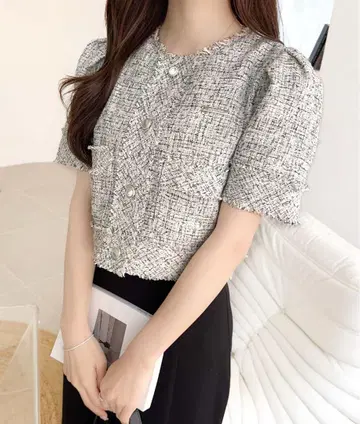 mily bilet 트위드 반팔 노카라 자켓 L