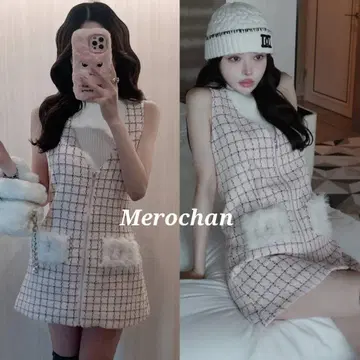 다리치 프론트 지퍼 트위드 미니 원피스 핑크