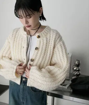 볼륨 슬리브 로우 게이지 멜란지 니트 가디건