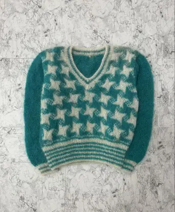 터콰이즈 하운드투스 체크 패턴 모헤어 니트 상의 구제 의류