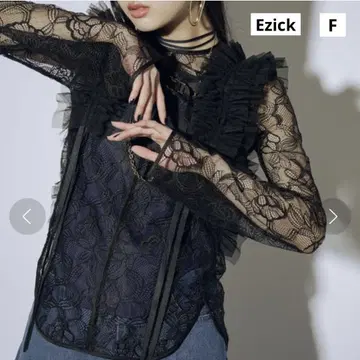 [새상품급] Ezick 파이핑 라인 플라워 레이스 상의 블랙