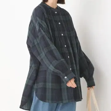 체크 블랙워치 그린 더블 거즈 와이드 실루엣 긴팔 셔츠
