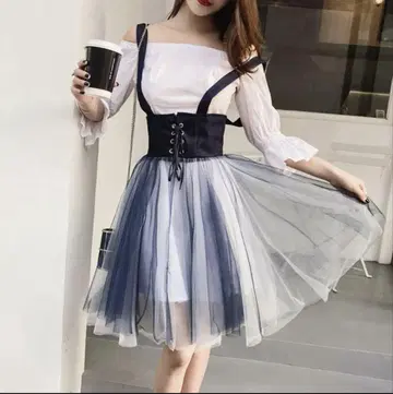 오프숄더 튤 드레스 화이트/네이비