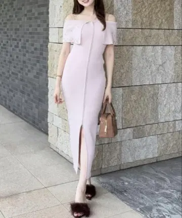 핑크 오프숄더 니트 롱 원피스