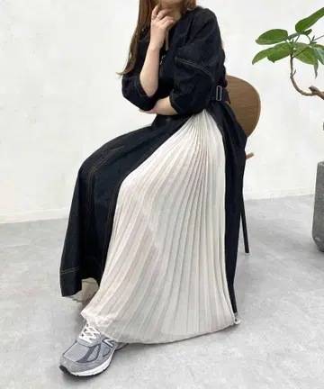 [새상품급] 데님 플리츠 5부 기장 원피스