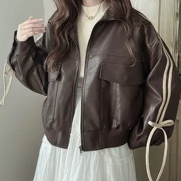 가죽 블루종 자켓 가죽 자켓 브라운 브라운 리본