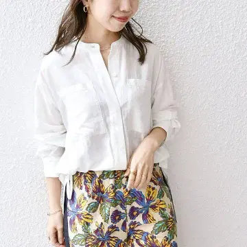 SHIPS any 스탠드 카라 숏 셔츠 블루종