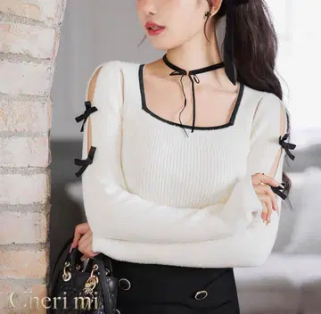 Cheri mi (셰리미) 바이컬러 리본 니트탑