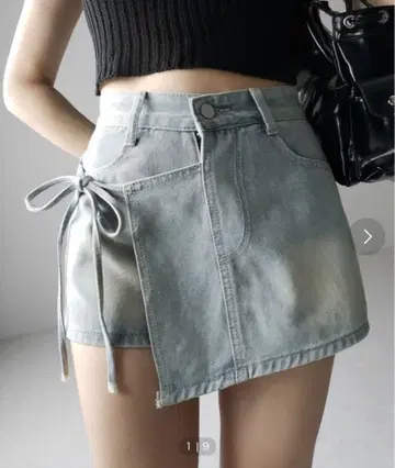 밈 셀렉 사이드 리본 레이어드 워시 데님 미니 치마바지