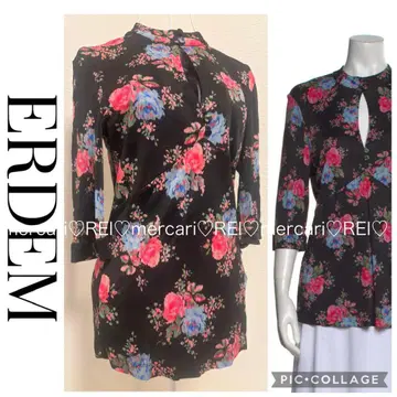 ERDEM 아데엠 꽃무늬 플라워 상의 블라우스 블랙 멀티 7부 소매
