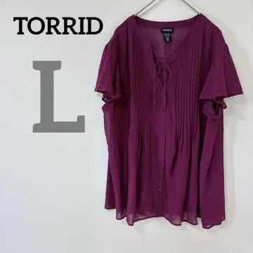 TORRID [ L ] 플리츠 셔츠 반팔 퍼플 V넥 플레어 시어