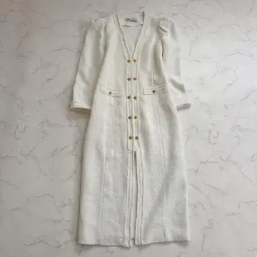 ZARA 자라 트위드 롱 원피스 골드 버튼 V넥 M