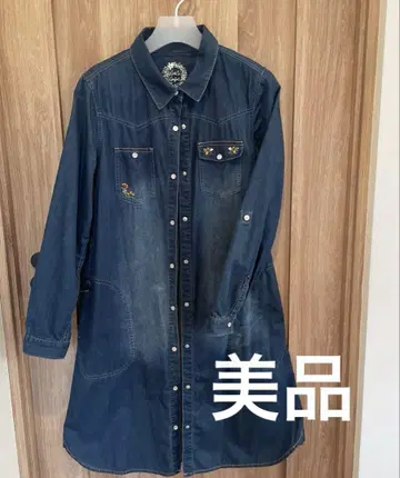 펠리시모 데님 셔츠 원피스 꽃무늬 자수 다크 블루 M