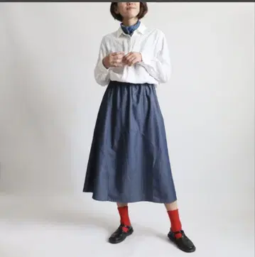 anvai 80cm 기장 유쾌한 스커트 패치워크 개더 스커트 순한 데님