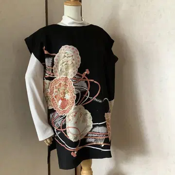 블랙 칠부소매 기모노 꽃무늬 기모노 리메이크 안감 있음 얼룩 있음