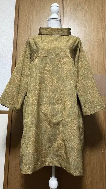 기모노 리메이크 모시잎 패턴 의 A라인 튜닉 원피스 롤 칼라