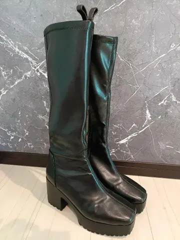 롱 부츠 가죽 빅 사이즈 통굽 스트레치 새상품급 26cm 블랙